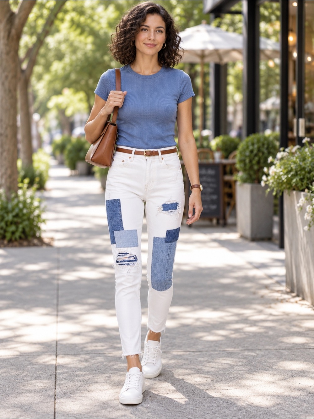 RARE GRLFRND Karolina Joni White Denim Patchwork High Rise Straight Leg Jeans
